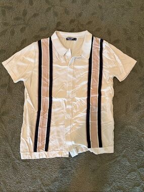 Paul Jones Cream Short-Sleeve Button Polo with Black & Tan Stripes
